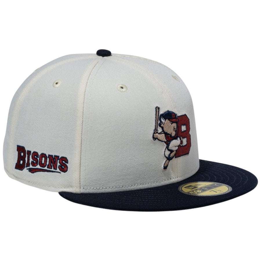 ニューエラ キャップ 帽子 NEW ERA CAP 59FIFTY MiLB マイナーリーグ バッファロー・バイソンズ クロームホワイト ネイビーバイザー 15221389 左斜め前