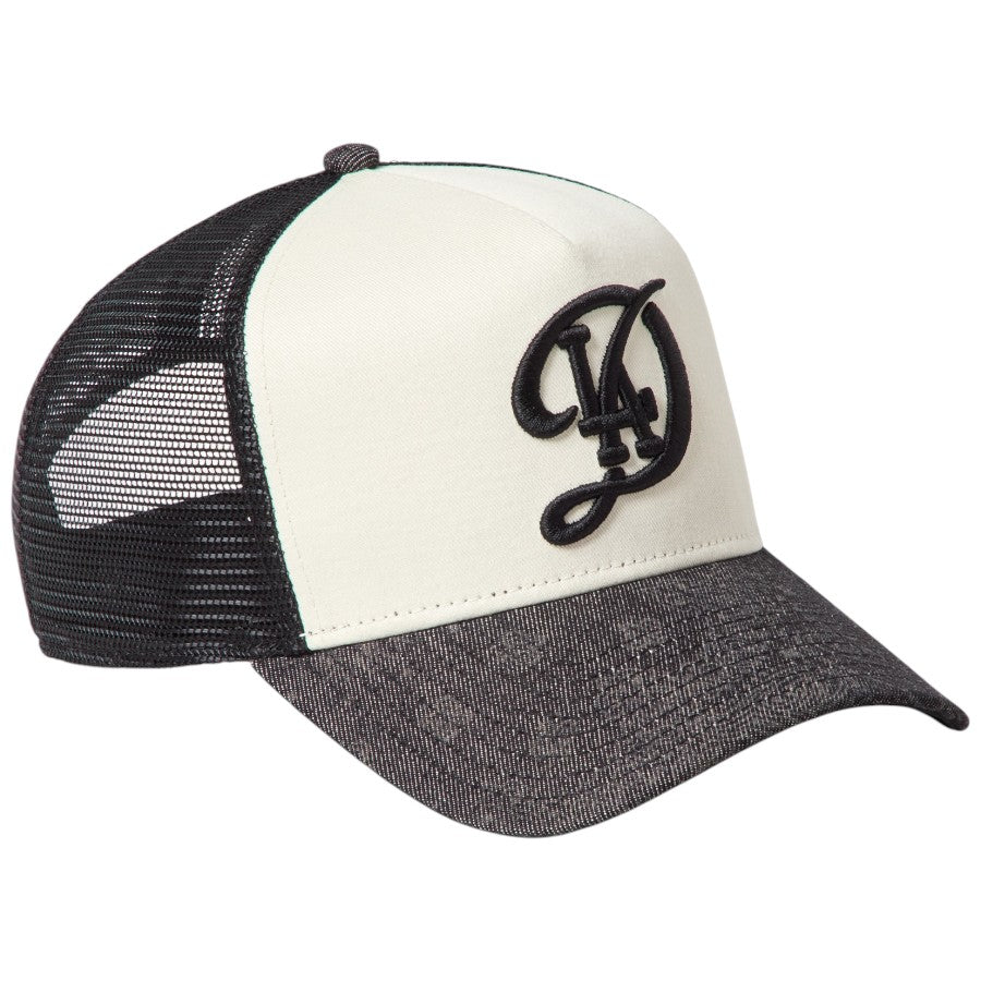 ニューエラ キャップ 帽子 NEW ERA CAP 9FORTY A-Frame トラッカー Laser Burn Out Denim デニム バンダナ柄 ロサンゼルス ドジャース シティーコネクトロゴ クロームホワイト/ブラック 15137100 左斜め前