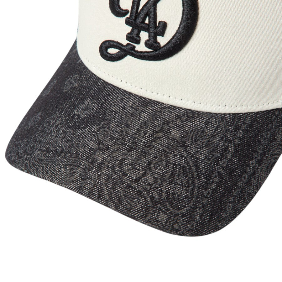 ニューエラ キャップ 帽子 NEW ERA CAP 9FORTY A-Frame トラッカー Laser Burn Out Denim デニム バンダナ柄 ロサンゼルス ドジャース シティーコネクトロゴ クロームホワイト/ブラック 15137100 バイザー