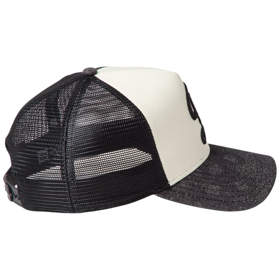 ニューエラ キャップ 帽子 NEW ERA CAP 9FORTY A-Frame トラッカー Laser Burn Out Denim デニム バンダナ柄 ロサンゼルス ドジャース シティーコネクトロゴ クロームホワイト/ブラック 15137100 右サイド