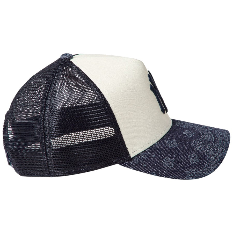 ニューエラ キャップ 帽子 NEW ERA CAP 9FORTY A-Frame トラッカー Laser Burn Out Denim デニム バンダナ柄 ニューヨーク ヤンキース クロームホワイト/デニム 15137097 右サイド