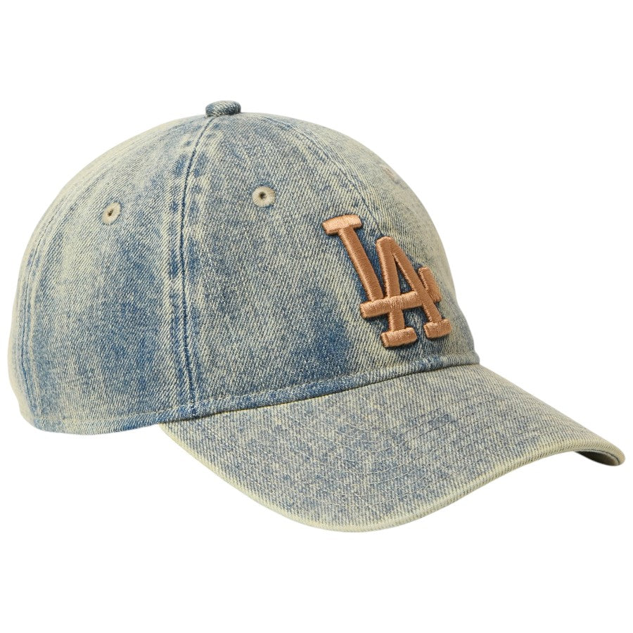 ニューエラ キャップ 帽子 NEW ERA CAP 9TWENTY Over Dye Denim オーバーダイ デニム ロサンゼルス ドジャース ネイビー 15137272 左斜め前