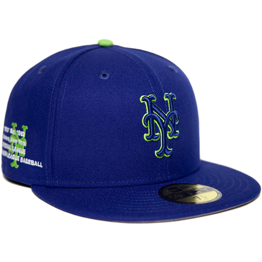 ニューエラ キャップ 帽子 NEW ERA CAP CUSTOM カスタム KINGS 別注 59FIFTY ニューヨーク メッツ ダークロイヤル ライムグリーン 71049561 左斜め前
