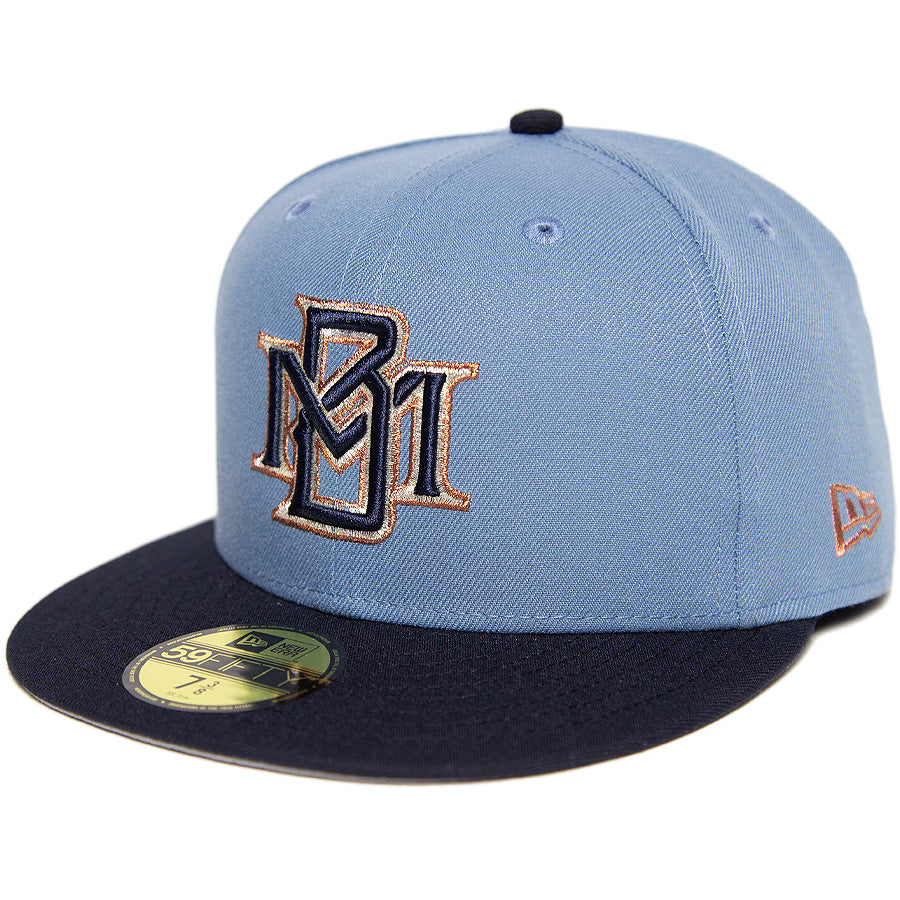 ニューエラ キャップ カスタム 帽子 NEW ERA CAP BEER ビール KINGS 別注 59FIFTY ミルウォーキー ブリュワーズ フェーデッドブルー ネイビー グレーアンダーバイザー 右斜め前