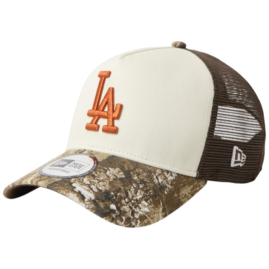ニューエラ キャップ 帽子 NEW ERA CAP 9FORTY A-Frame トラッカー MLB Real Tree Camo ロサンゼルス ドジャース リアルツリーカモ/クロームホワイト 15137101 右斜め前