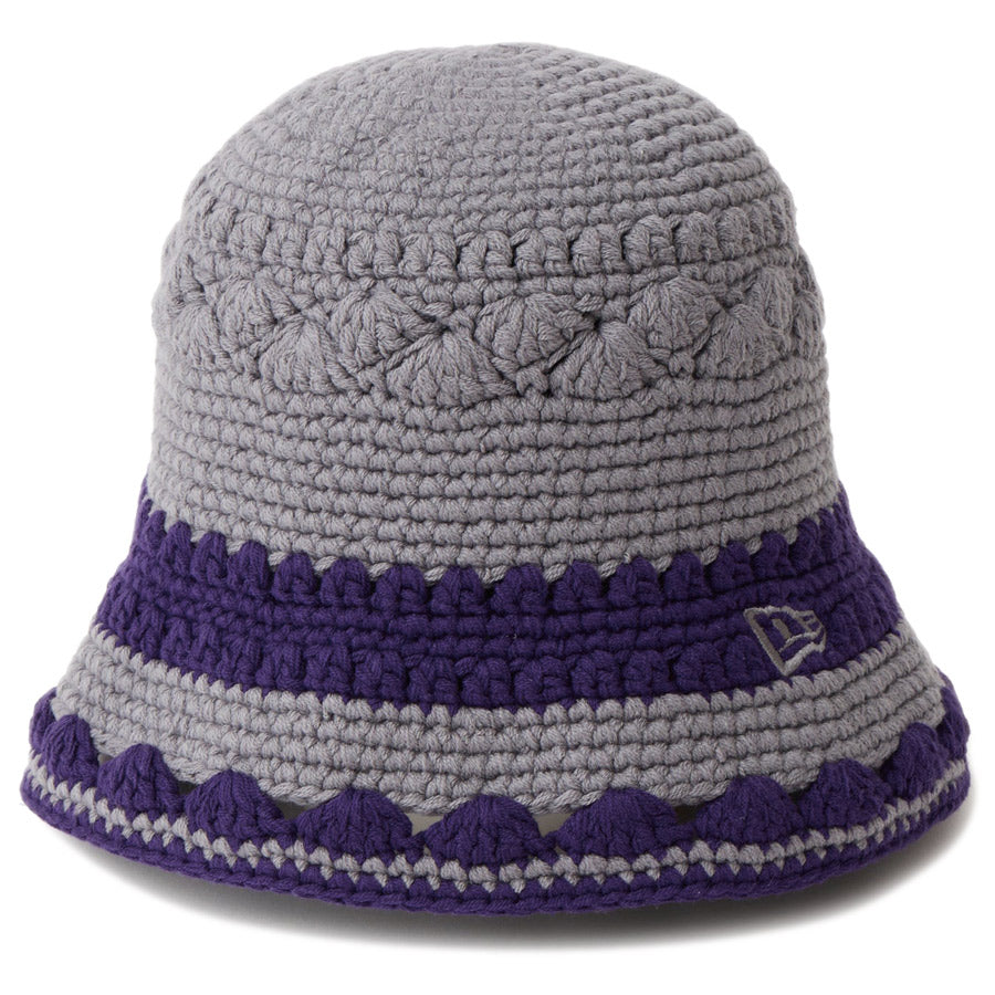 ニューエラ バケットハット バケハ NEW ERA HAT クロシェ ニットバケット ボーダー Crochet Knit Border グラファイト ダークパープル 14744711 右斜め前