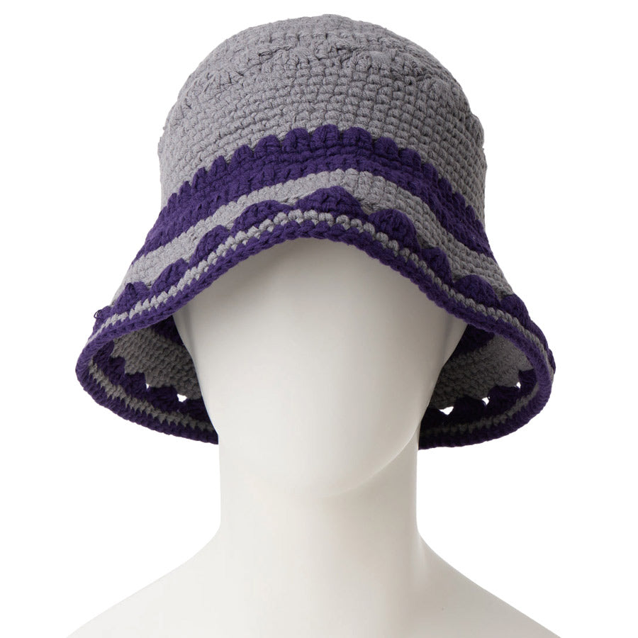 ニューエラ バケットハット バケハ NEW ERA HAT クロシェ ニットバケット ボーダー Crochet Knit Border グラファイト ダークパープル 14744711 正面