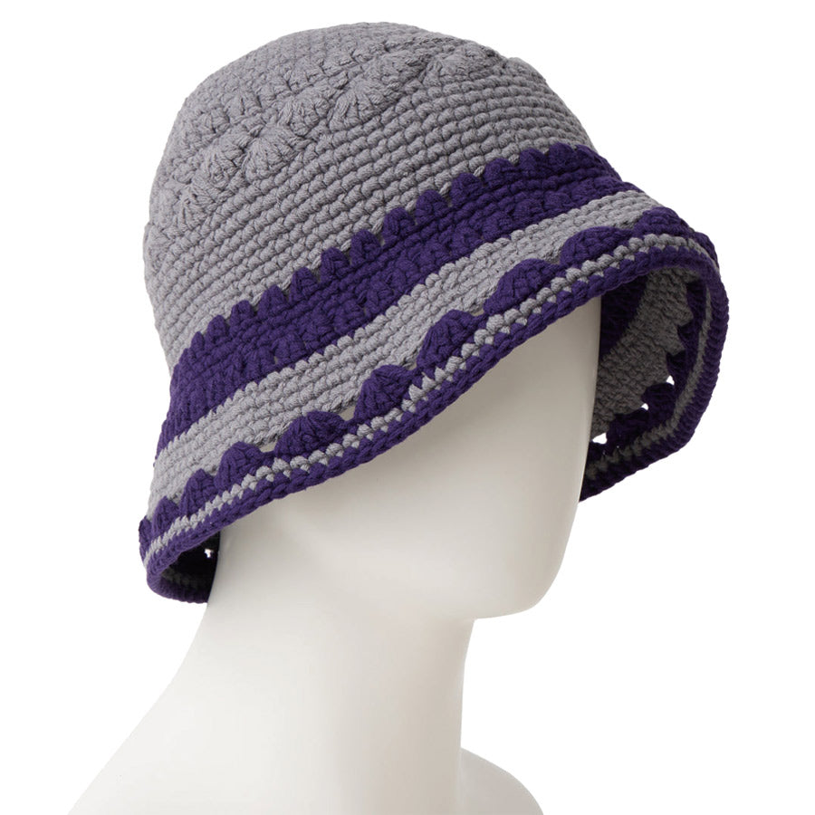 ニューエラ バケットハット バケハ NEW ERA HAT クロシェ ニットバケット ボーダー Crochet Knit Border グラファイト ダークパープル 14744711 左斜め前