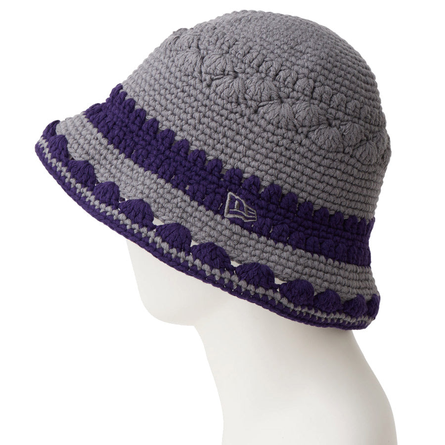 ニューエラ バケットハット バケハ NEW ERA HAT クロシェ ニットバケット ボーダー Crochet Knit Border グラファイト ダークパープル 14744711 左サイド