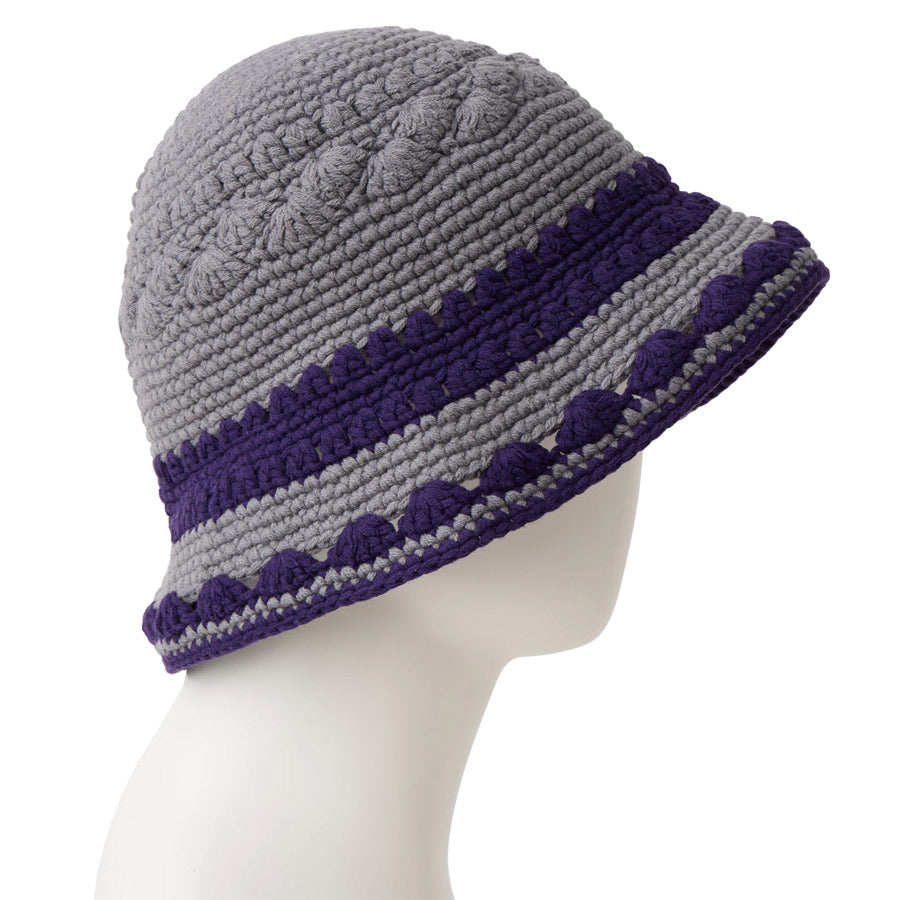 ニューエラ バケットハット バケハ NEW ERA HAT クロシェ ニットバケット ボーダー Crochet Knit Border グラファイト ダークパープル 14744711 右サイド