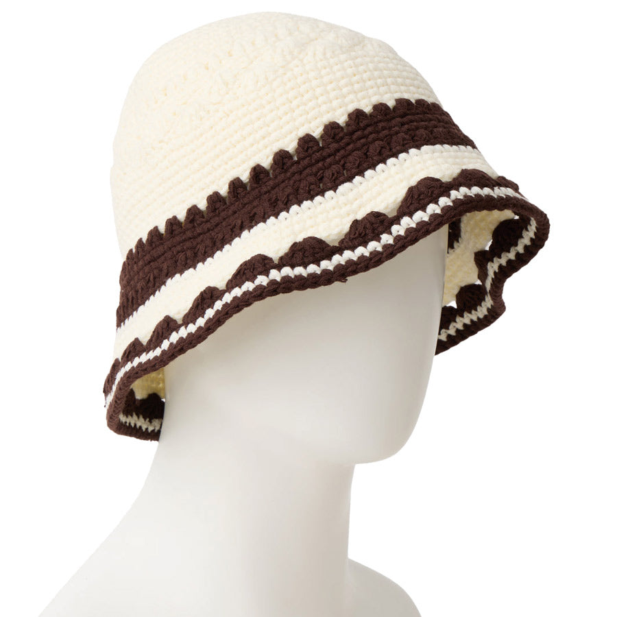 ニューエラ バケットハット バケハ NEW ERA HAT クロシェ ニットバケット ボーダー Crochet Knit Border クローム バーントウッド 14744712 左斜め前