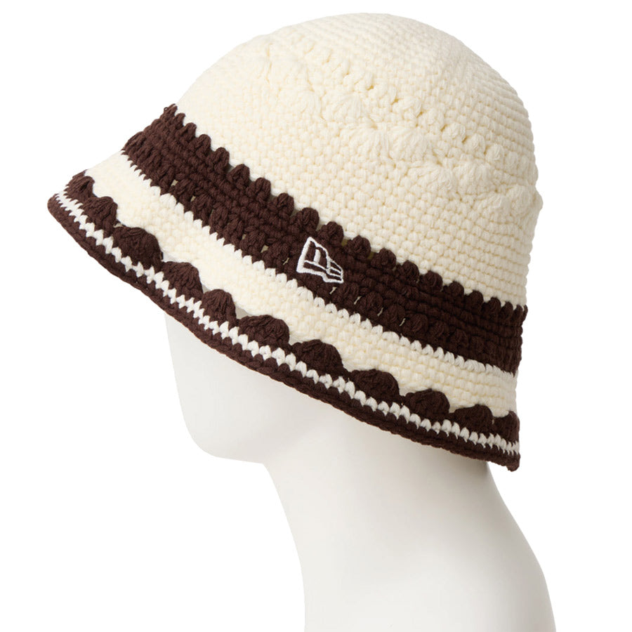 ニューエラ バケットハット バケハ NEW ERA HAT クロシェ ニットバケット ボーダー Crochet Knit Border クローム バーントウッド 14744712 左サイド