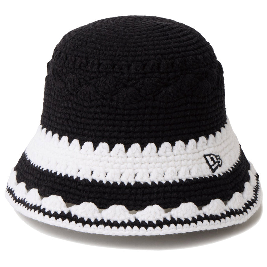 ニューエラ バケットハット バケハ NEW ERA HAT クロシェ ニットバケット ボーダー Crochet Knit Border ブラック/ホワイト 14744713 右斜め前