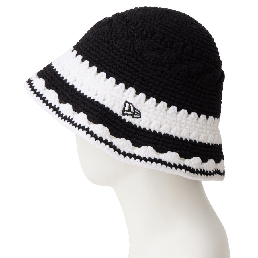 ニューエラ バケットハット バケハ NEW ERA HAT クロシェ ニットバケット ボーダー Crochet Knit Border ブラック/ホワイト 14744713 左サイド