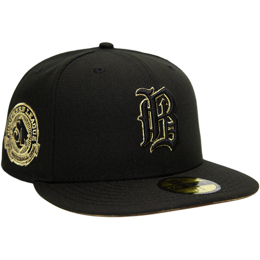 ニューエラ キャップ 帽子 NEW ERA CAP CUSTUM カスタム KINGS 別注 59FIFTY バーミンガム バロンズ Birmingham Barons ブラック × ゴールド マイナーリーグ 左斜め前