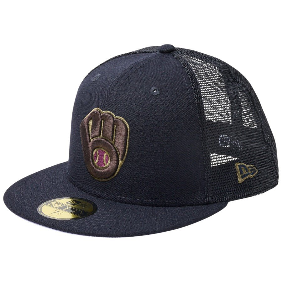ニューエラ キャップ 帽子 NEW ERA CAP 59FIFTY トラッカー メッシュ ミルウォーキー ブリュワーズ Hydrangea ハイドレンジア ネイビー 14745131 右斜め前