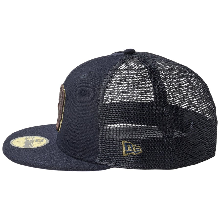 ニューエラ キャップ 帽子 NEW ERA CAP 59FIFTY トラッカー メッシュ ミルウォーキー ブリュワーズ Hydrangea ハイドレンジア ネイビー 14745131 左サイド