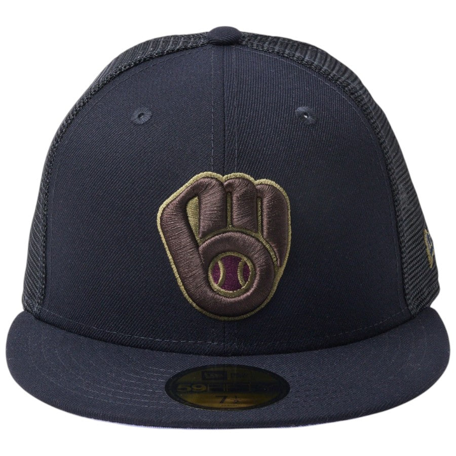 ニューエラ キャップ 帽子 NEW ERA CAP 59FIFTY トラッカー メッシュ ミルウォーキー ブリュワーズ Hydrangea ハイドレンジア ネイビー 14745131 正面
