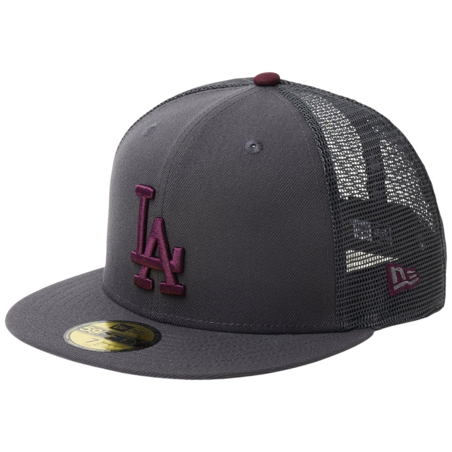 ニューエラ キャップ 帽子 NEW ERA CAP 59FIFTY トラッカー メッシュ ロサンゼルス ドジャース Hydrangea ハイドレンジア ダークグラファイト 14745132 右斜め前