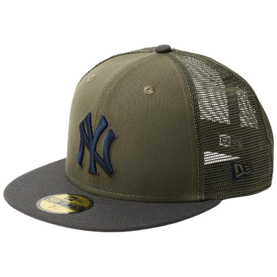 ニューエラ キャップ 帽子 NEW ERA CAP 59FIFTY トラッカー メッシュ ニューヨーク ヤンキース Hydrangea ハイドレンジア ニューオリーブ/ダークピューター 14745130 右斜め前