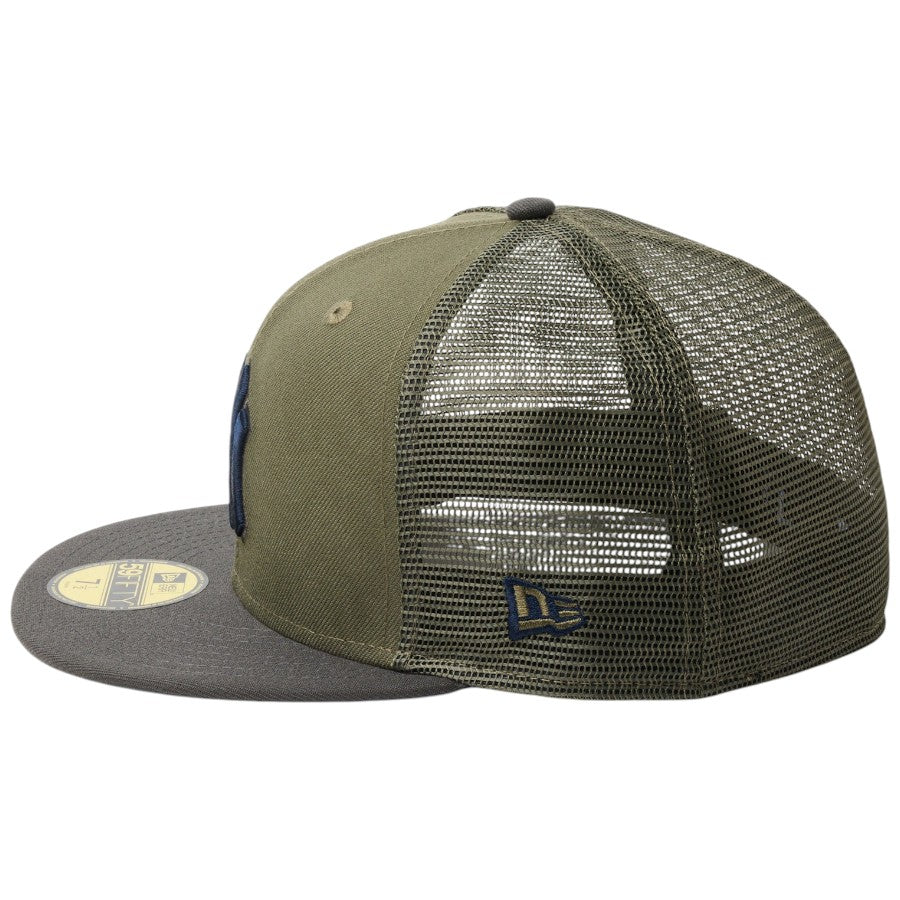 ニューエラ キャップ 帽子 NEW ERA CAP 59FIFTY トラッカー メッシュ ニューヨーク ヤンキース Hydrangea ハイドレンジア ニューオリーブ/ダークピューター 14745130 左サイド