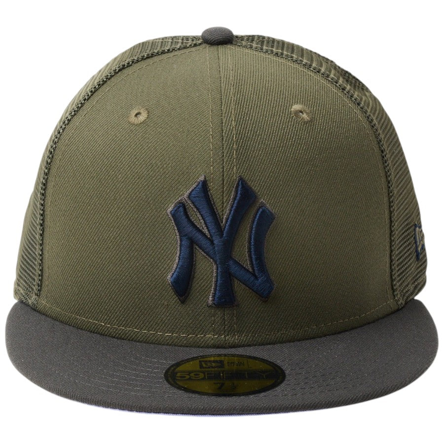 ニューエラ キャップ 帽子 NEW ERA CAP 59FIFTY トラッカー メッシュ ニューヨーク ヤンキース Hydrangea ハイドレンジア ニューオリーブ/ダークピューター 14745130 正面