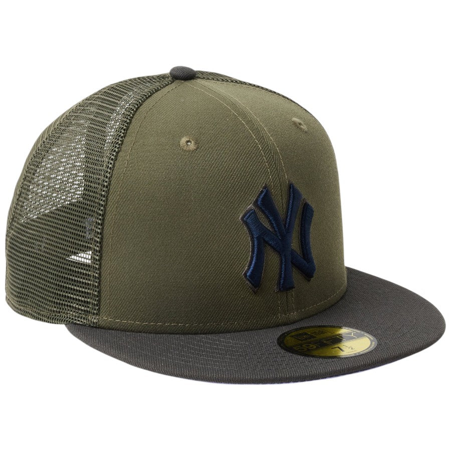 ニューエラ キャップ 帽子 NEW ERA CAP 59FIFTY トラッカー メッシュ ニューヨーク ヤンキース Hydrangea ハイドレンジア ニューオリーブ/ダークピューター 14745130 左斜め前