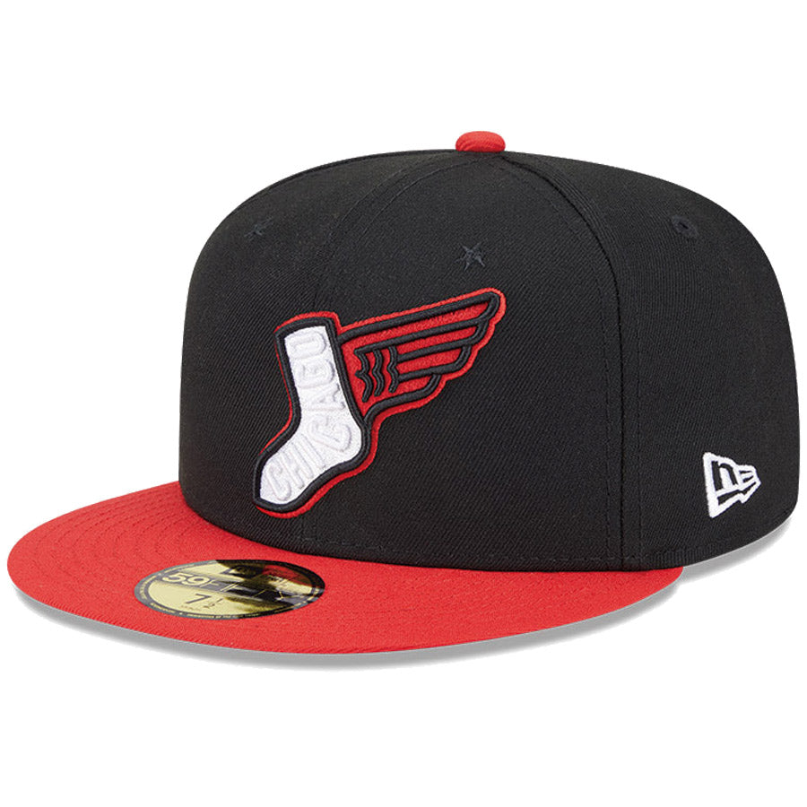 ニューエラ キャップ NEW ERA CAP 59FIFTY オンフィールド MLB City Connect シティー コネクト シカゴ ホワイトソックス オルタネイト ブラック レッドバイザー 14942559 右斜め前