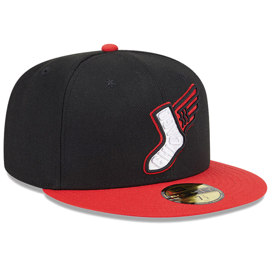 ニューエラ キャップ NEW ERA CAP 59FIFTY オンフィールド MLB City Connect シティー コネクト シカゴ ホワイトソックス オルタネイト ブラック レッドバイザー 14942559 左斜め前
