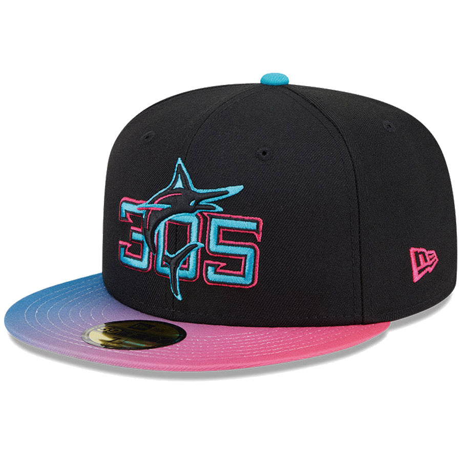 ニューエラ キャップ NEW ERA CAP 59FIFTY オンフィールド MLB City Connect シティー コネクト マイアミ マーリンズ ブラック 14521636 右斜め前