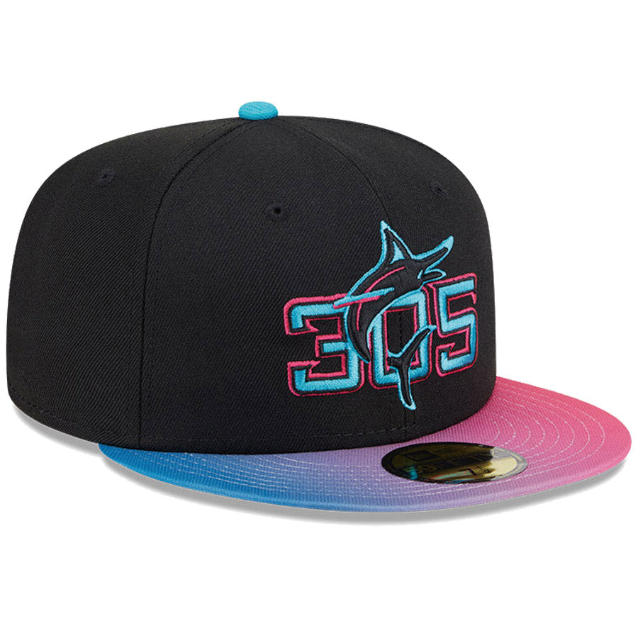 ニューエラ キャップ NEW ERA CAP 59FIFTY オンフィールド MLB City Connect シティー コネクト マイアミ マーリンズ ブラック 14521636 左斜め前