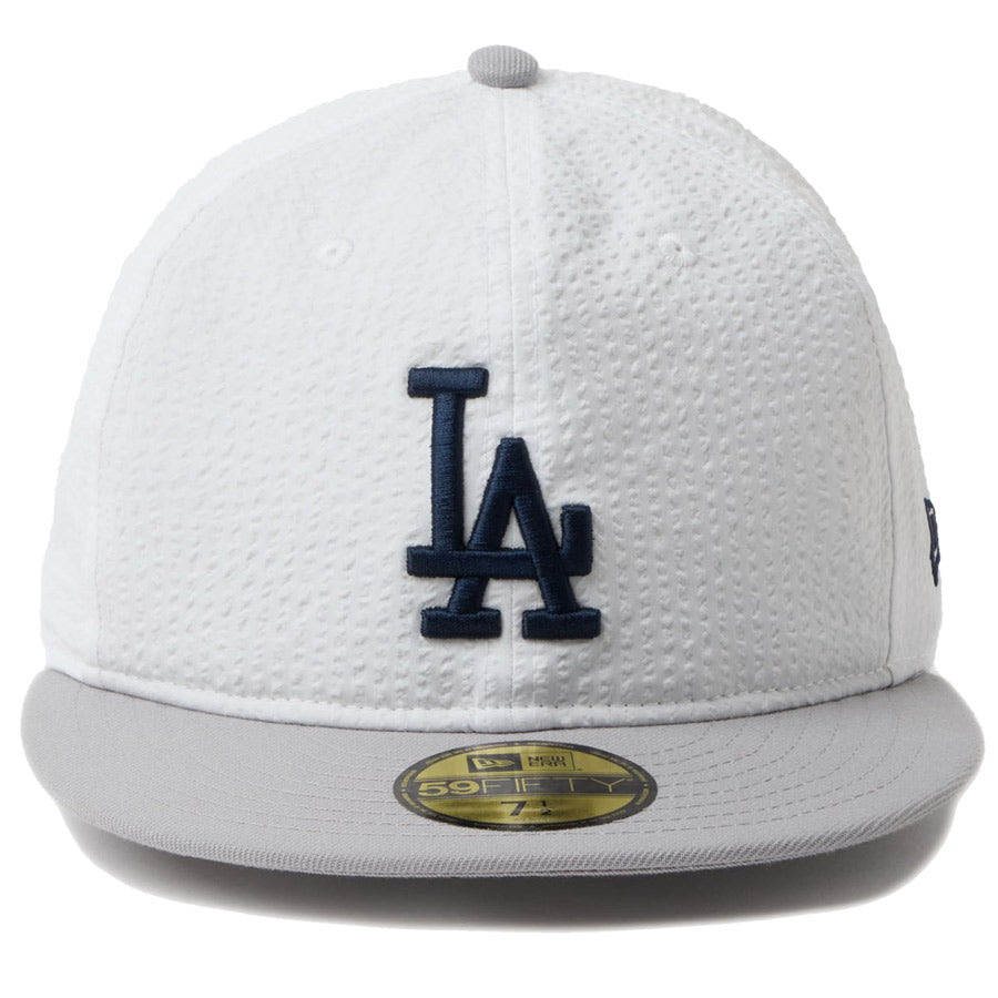 ニューエラ キャップ NEW ERA 59FIFTY ソフトバックラム Soft Buckram MLB シアサッカー Seersucker ロサンゼルス ドジャース ホワイト/グレー 14745161 正面