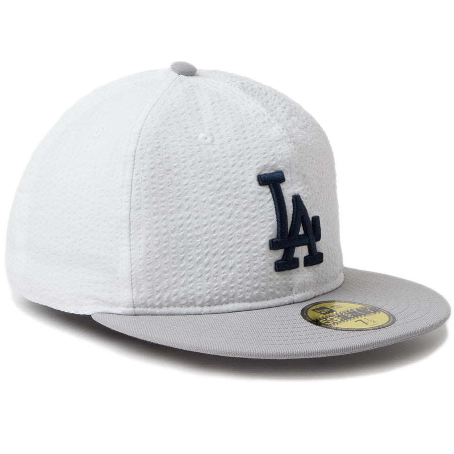 ニューエラ キャップ NEW ERA 59FIFTY ソフトバックラム Soft Buckram MLB シアサッカー Seersucker ロサンゼルス ドジャース ホワイト/グレー 14745161 左斜め