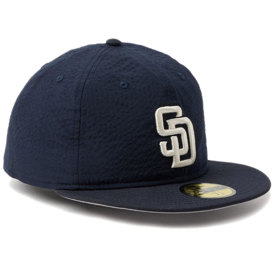 ニューエラ キャップ NEW ERA 59FIFTY ソフトバックラム Soft Buckram MLB シアサッカー Seersucker サンディエゴ パドレス ネイビー 14745137 左斜め