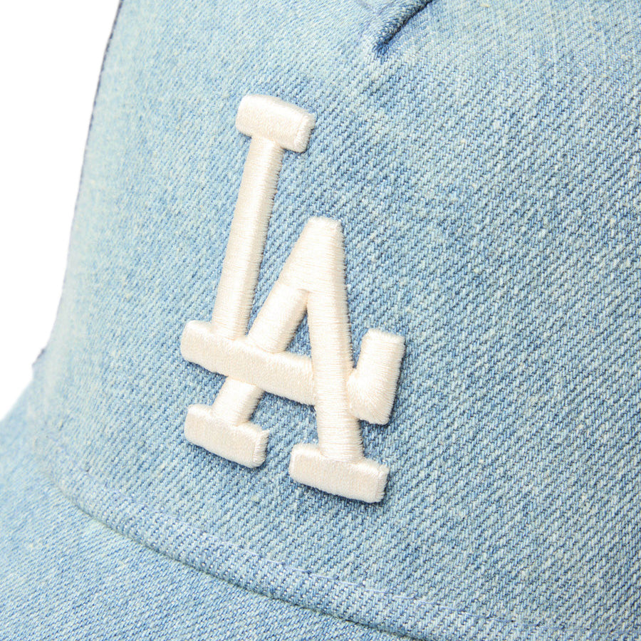ニューエラ キャップ NEW ERA CAP 9FORTY A-Frame トラッカー MLB Damaged Denim ダメージ ロサンゼルス ドジャース ネイビー 14744918 フロントロゴ