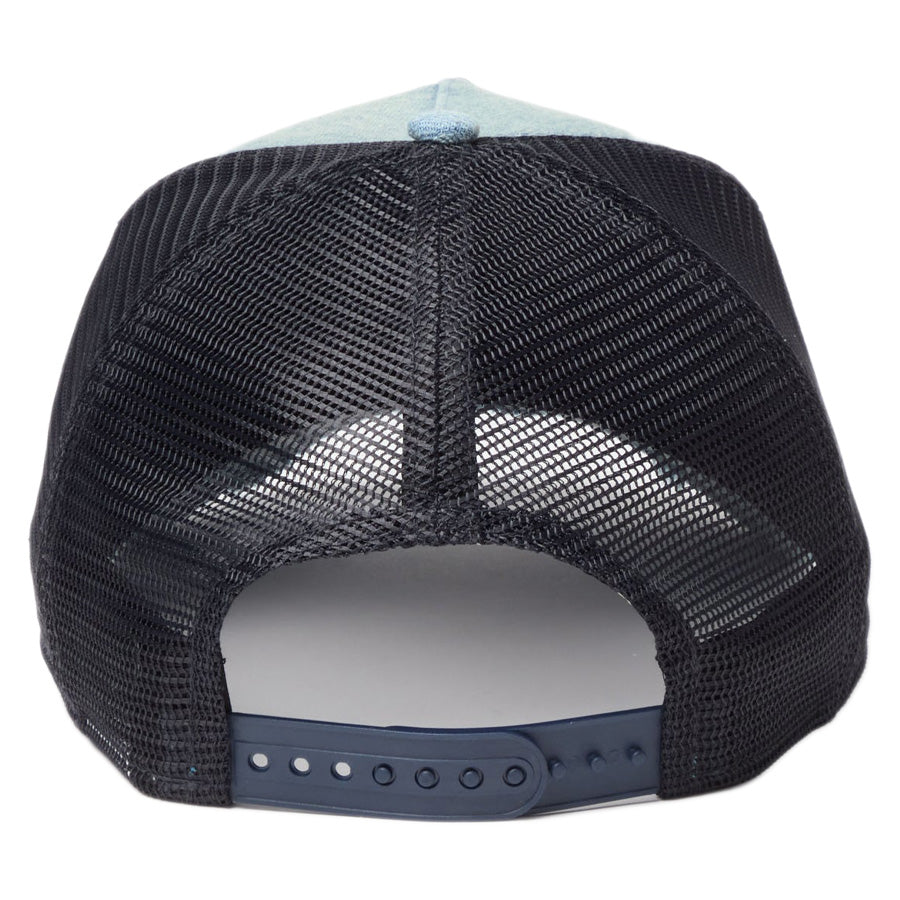 ニューエラ キャップ NEW ERA CAP 9FORTY A-Frame トラッカー MLB Damaged Denim ダメージ ロサンゼルス ドジャース ネイビー 14744918 背面