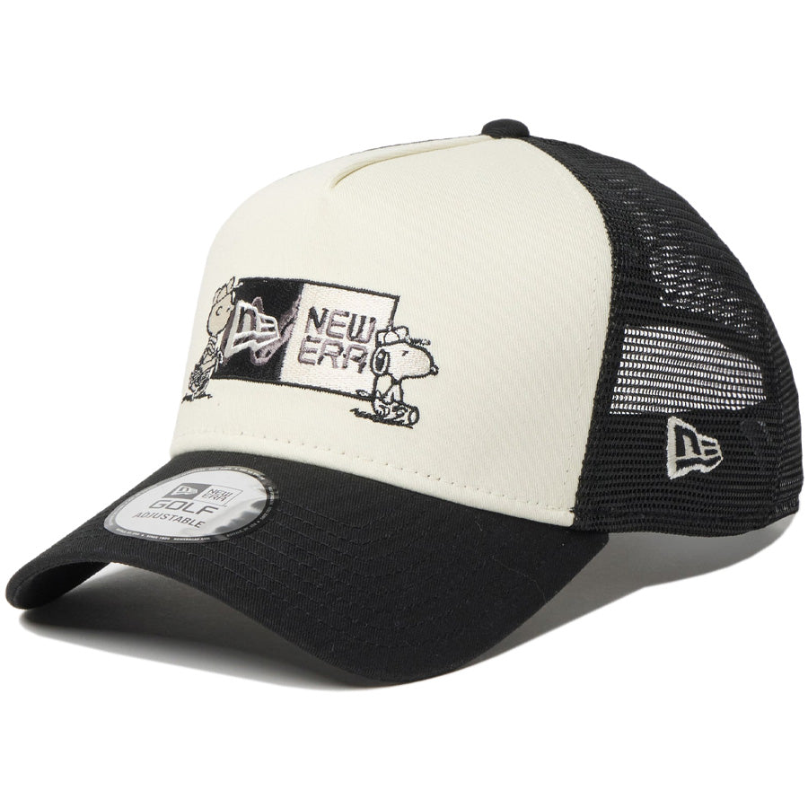 ニューエラ キャップ 帽子 NEW ERA CAP 9FORTY A-Frame トラッカー Vintage PEANUTS ピーナッツ スヌーピー GOLF ボックスロゴ クロームホワイト/ブラック 14865325 | ゴルフ 右斜め前