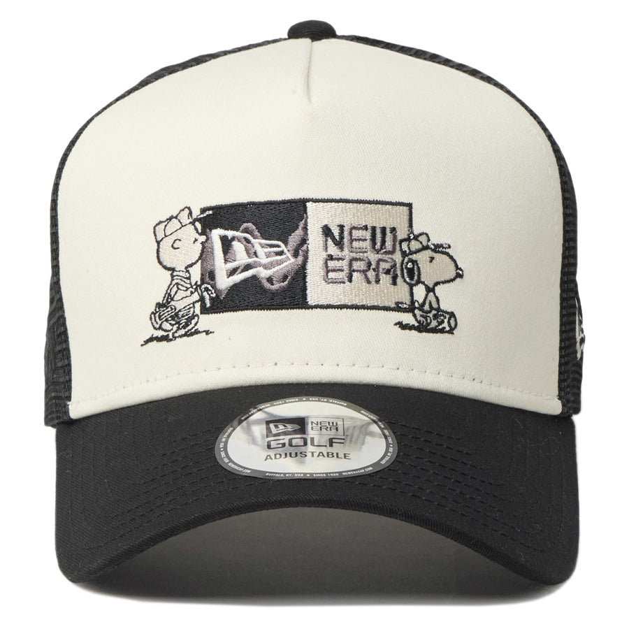 ニューエラ キャップ 帽子 NEW ERA CAP 9FORTY A-Frame トラッカー Vintage PEANUTS ピーナッツ スヌーピー GOLF ボックスロゴ クロームホワイト/ブラック 14865325 | ゴルフ 正面