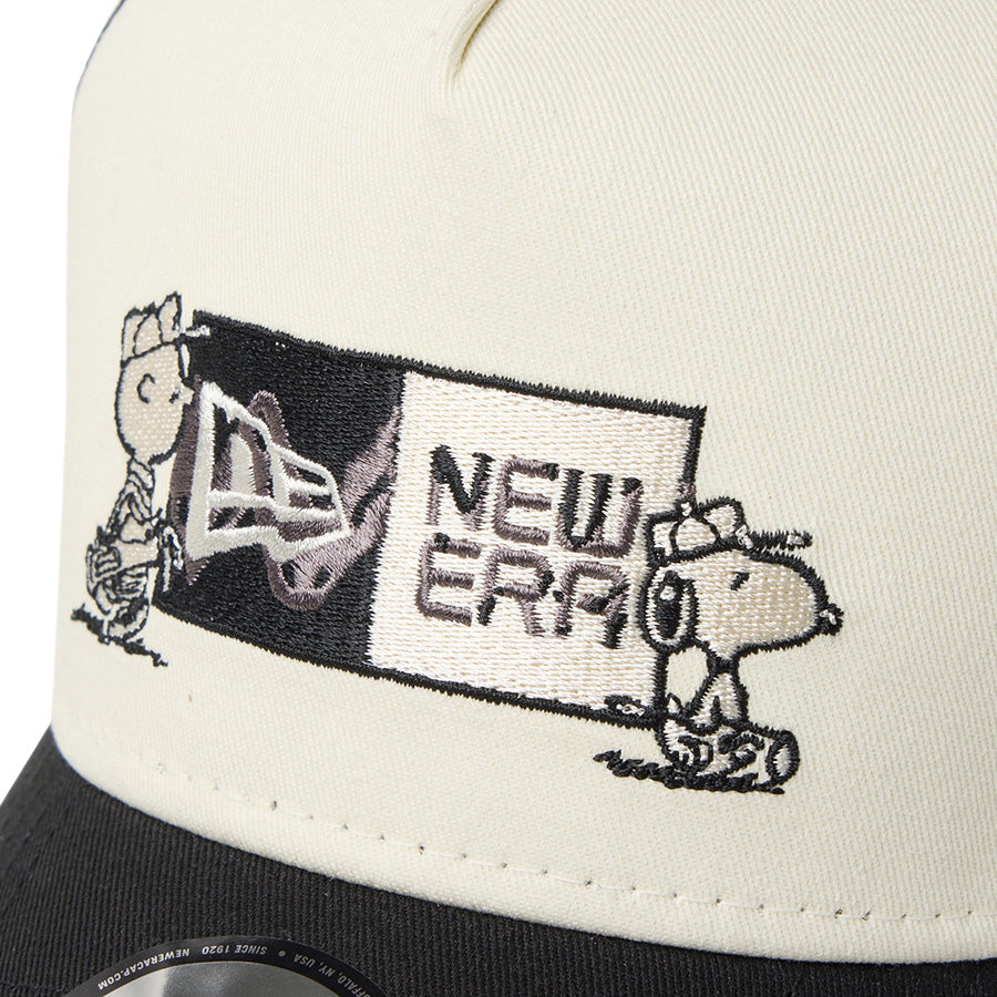 ニューエラ キャップ 帽子 NEW ERA CAP 9FORTY A-Frame トラッカー Vintage PEANUTS ピーナッツ スヌーピー GOLF ボックスロゴ クロームホワイト/ブラック 14865325 | ゴルフ フロントロゴ