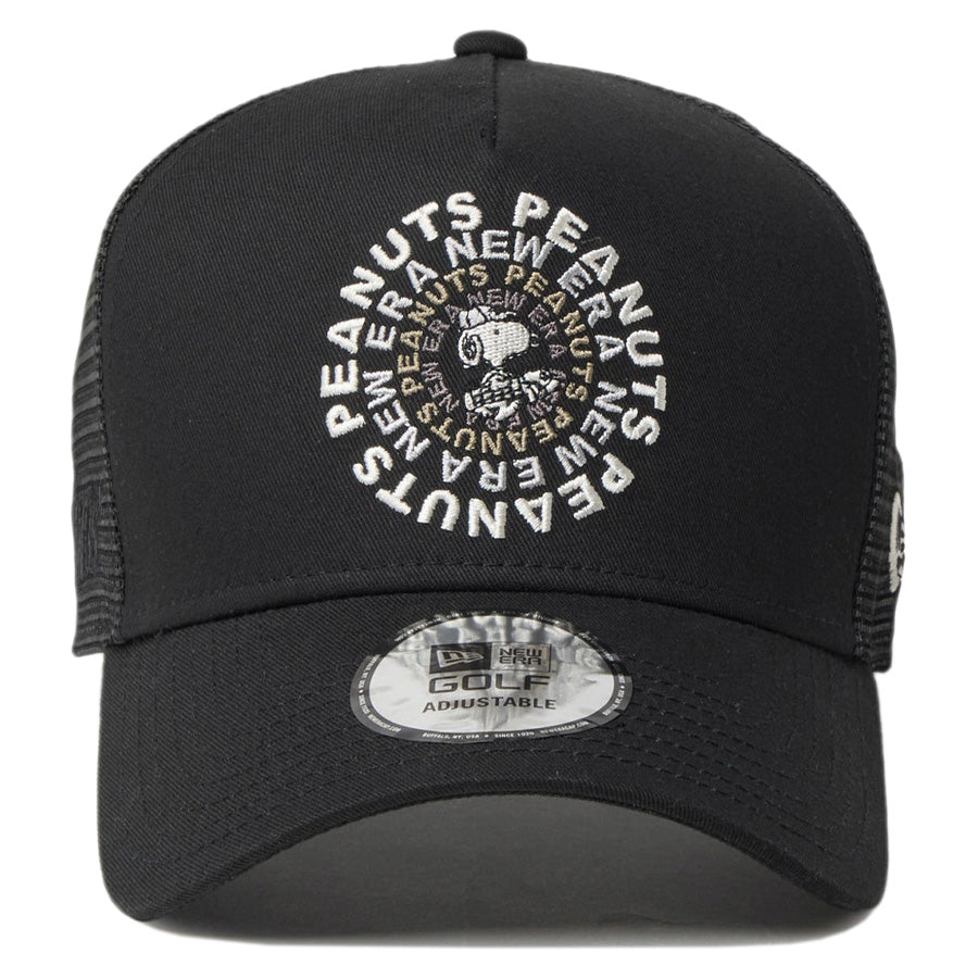 ニューエラ キャップ 帽子 NEW ERA CAP 9FORTY A-Frame トラッカー Vintage PEANUTS ピーナッツ スヌーピー GOLF Circle ロゴ ブラック 14865323 | ゴルフ 正面
