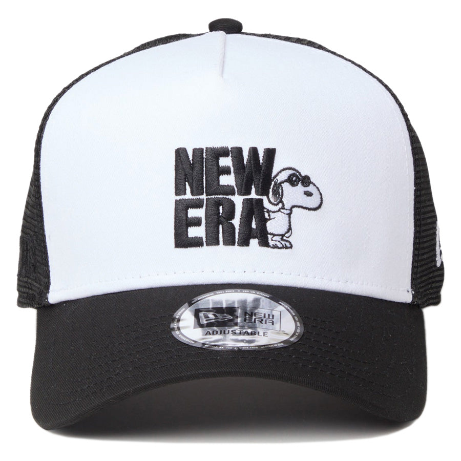 ニューエラ キャップ 帽子 NEW ERA CAP 9FORTY A-Frame トラッカー Vintage PEANUTS ピーナッツ スヌーピー JOE COOL ジョー・クール ブラック/ホワイト 14865347 正面