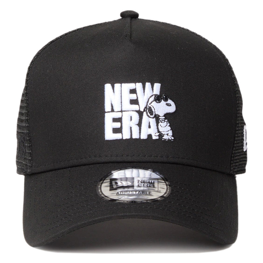 ニューエラ キャップ 帽子 NEW ERA CAP 9FORTY A-Frame トラッカー Vintage PEANUTS ピーナッツ スヌーピー JOE COOL ジョー・クール ブラック 14865348 正面