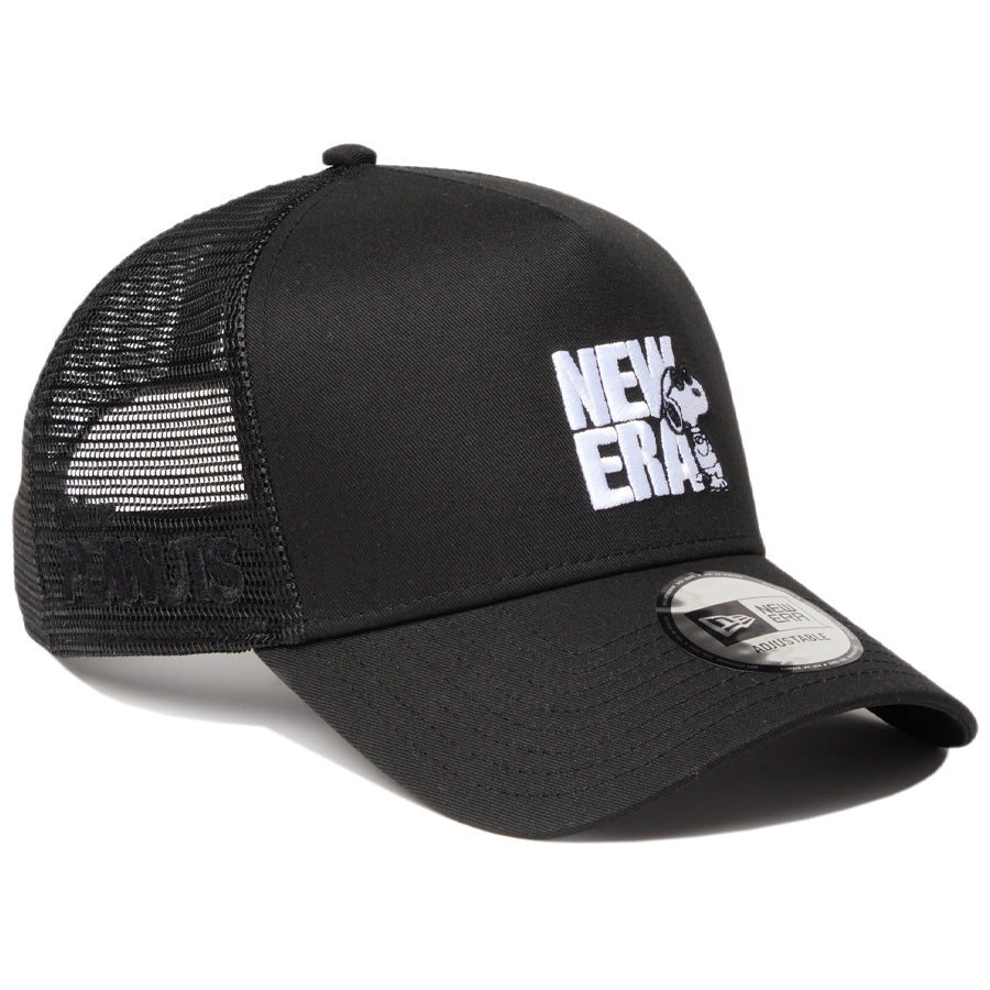 ニューエラ キャップ 帽子 NEW ERA CAP 9FORTY A-Frame トラッカー Vintage PEANUTS ピーナッツ スヌーピー JOE COOL ジョー・クール ブラック 14865348 左斜め前