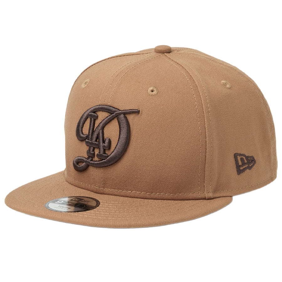 ニューエラ キャップ 帽子 NEW ERA CAP KIDS キッズ Youth 9FIFTY MLB Duck Canvas ダック キャンバス ロサンゼルス ドジャース シティーコネクトロゴ ライトブロンズ 14746976 右斜め前