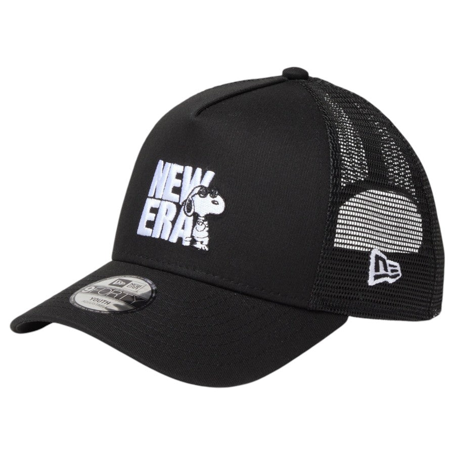 ニューエラ キャップ 帽子 NEW ERA CAP KIDS キッズ Youth 9FORTY A-Frame トラッカー Vintage PEANUTS ピーナッツ JOE COOL ジョー・クール ブラック 14865294 右斜め前