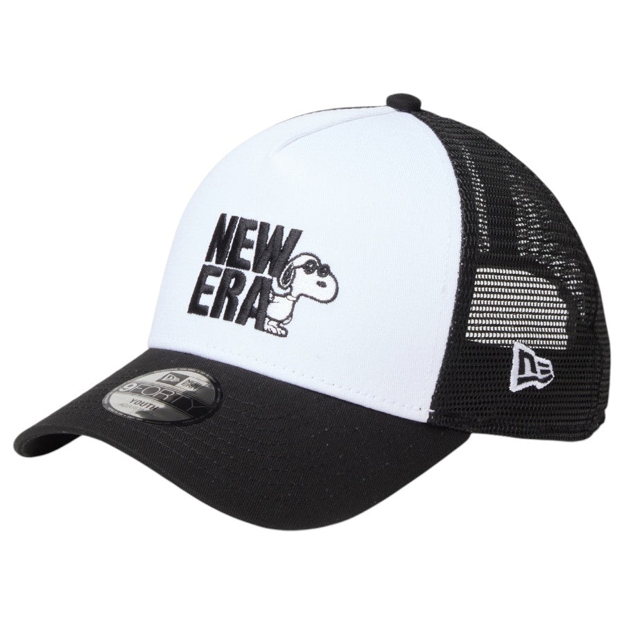 ニューエラ キャップ 帽子 NEW ERA CAP KIDS キッズ Youth 9FORTY A-Frame トラッカー Vintage PEANUTS ピーナッツ JOE COOL ジョー・クール ブラック ホワイト  14865293 右斜め前