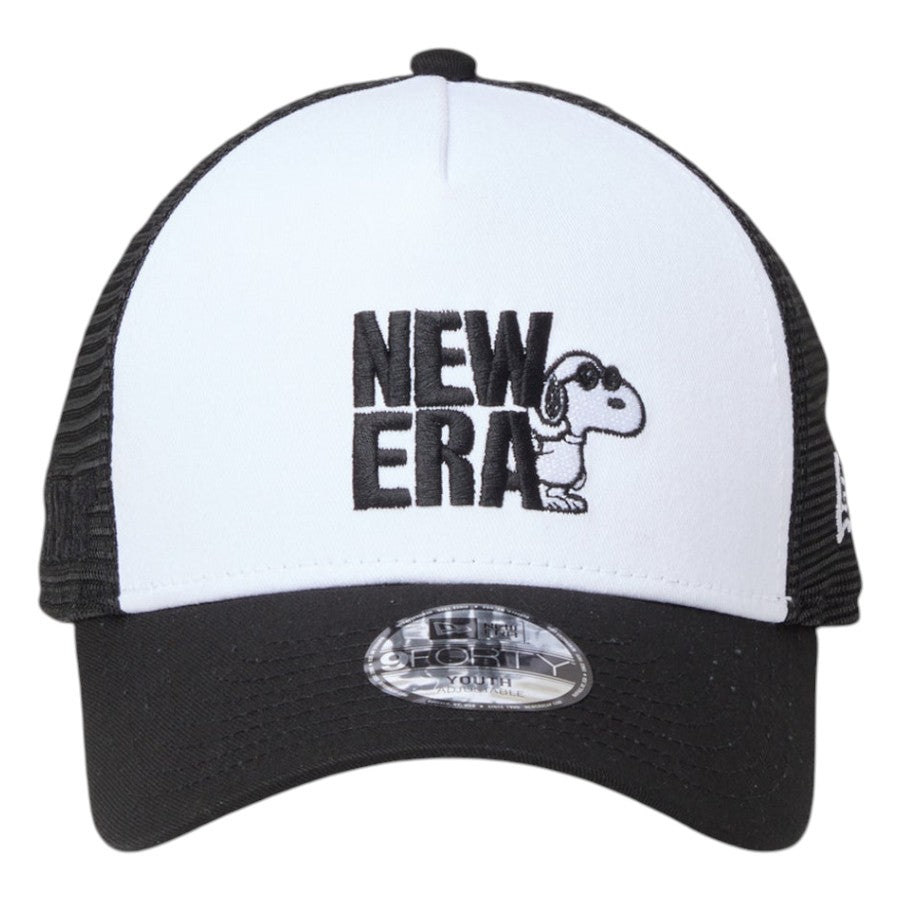 ニューエラ キャップ 帽子 NEW ERA CAP KIDS キッズ Youth 9FORTY A-Frame トラッカー Vintage PEANUTS ピーナッツ JOE COOL ジョー・クール ブラック ホワイト  14865293 正面
