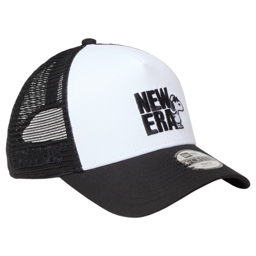 ニューエラ キャップ 帽子 NEW ERA CAP KIDS キッズ Youth 9FORTY A-Frame トラッカー Vintage PEANUTS ピーナッツ JOE COOL ジョー・クール ブラック ホワイト  14865293 左斜め前