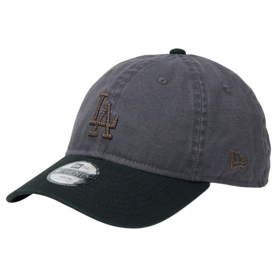 ニューエラ キャップ 帽子 NEW ERA CAP KIDS キッズ Youth 9TWENTY ロサンゼルス ドジャース Cooperstown Washed Duck グラファイト ブラック 14747059 右斜め前