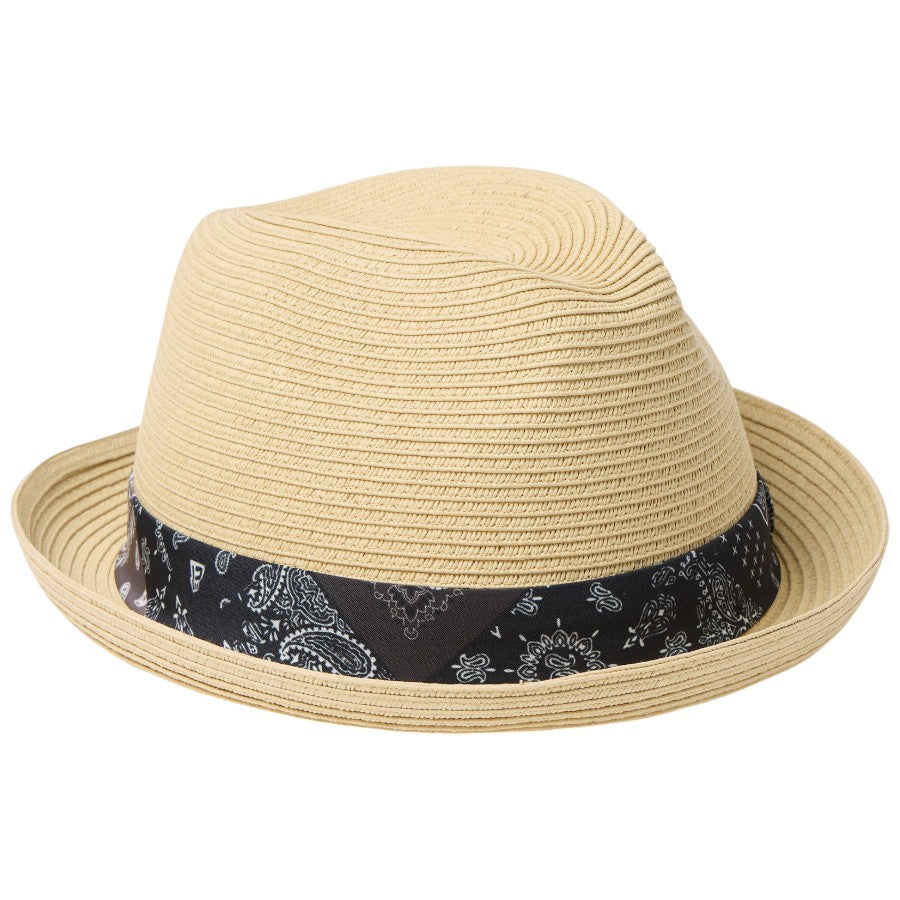 ニューエラ ハット 麦わら帽子 NEW ERA HAT FEDORA フェドーラ ブラックペイズリーテープ ナチュラル 14744664 左斜め前